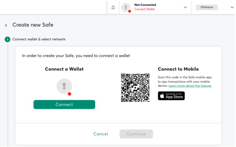 Connect wallet to start using safe