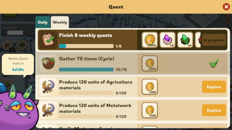Weekly quests for level 1 Axie Homeland