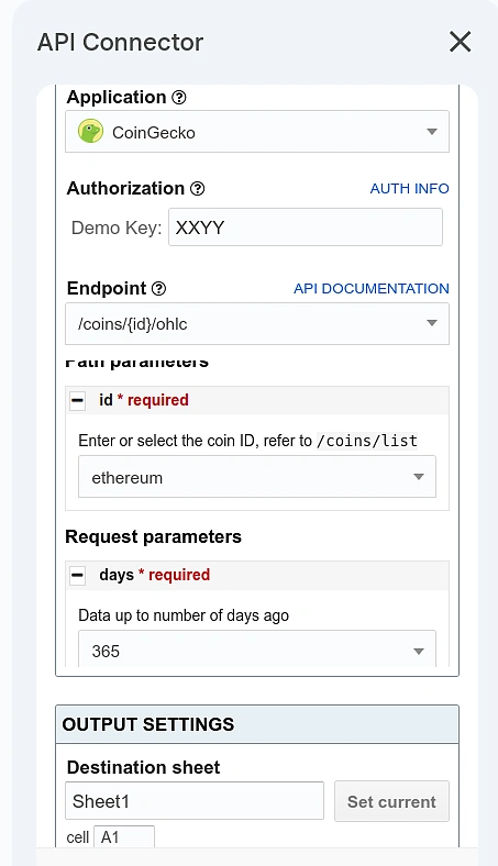 Settings used for fetching the OHLC data for “eth-usd” pair