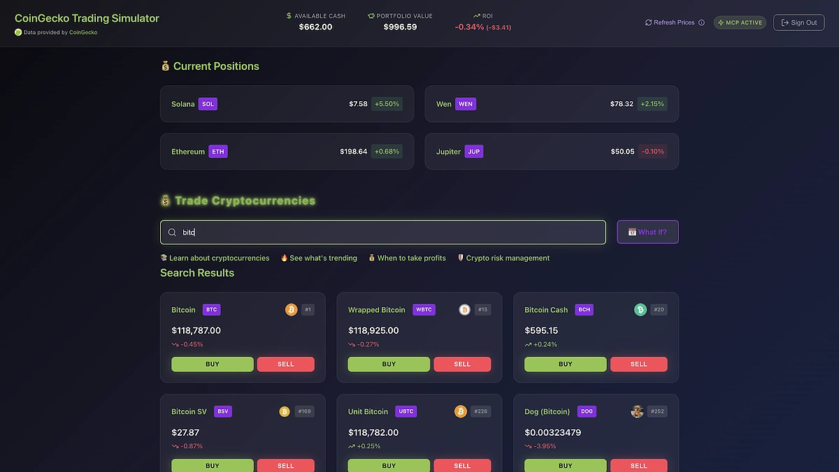 crypto trading simulator project by Myriam Chahlafi for coingecko mcp hackathon 2025